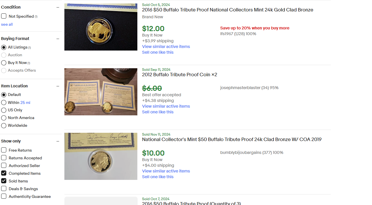 Sold $50 Buffalo Tribute Proof